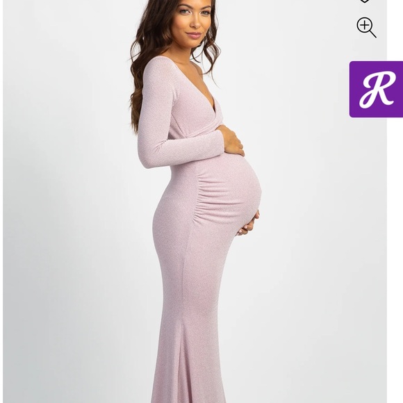 PinkBlush Pink Metallic Long Sleeve Wrap Maternity Photoshoot Gown/Dress - Picture 3 of 6